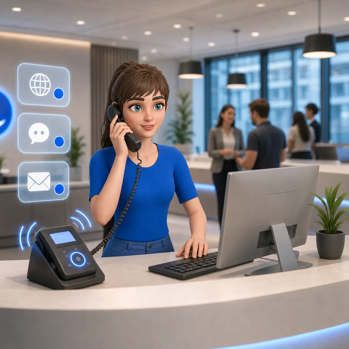 Cosmo, der KI-Assistent von Humanizing, nimmt einen Anruf am Empfang an.