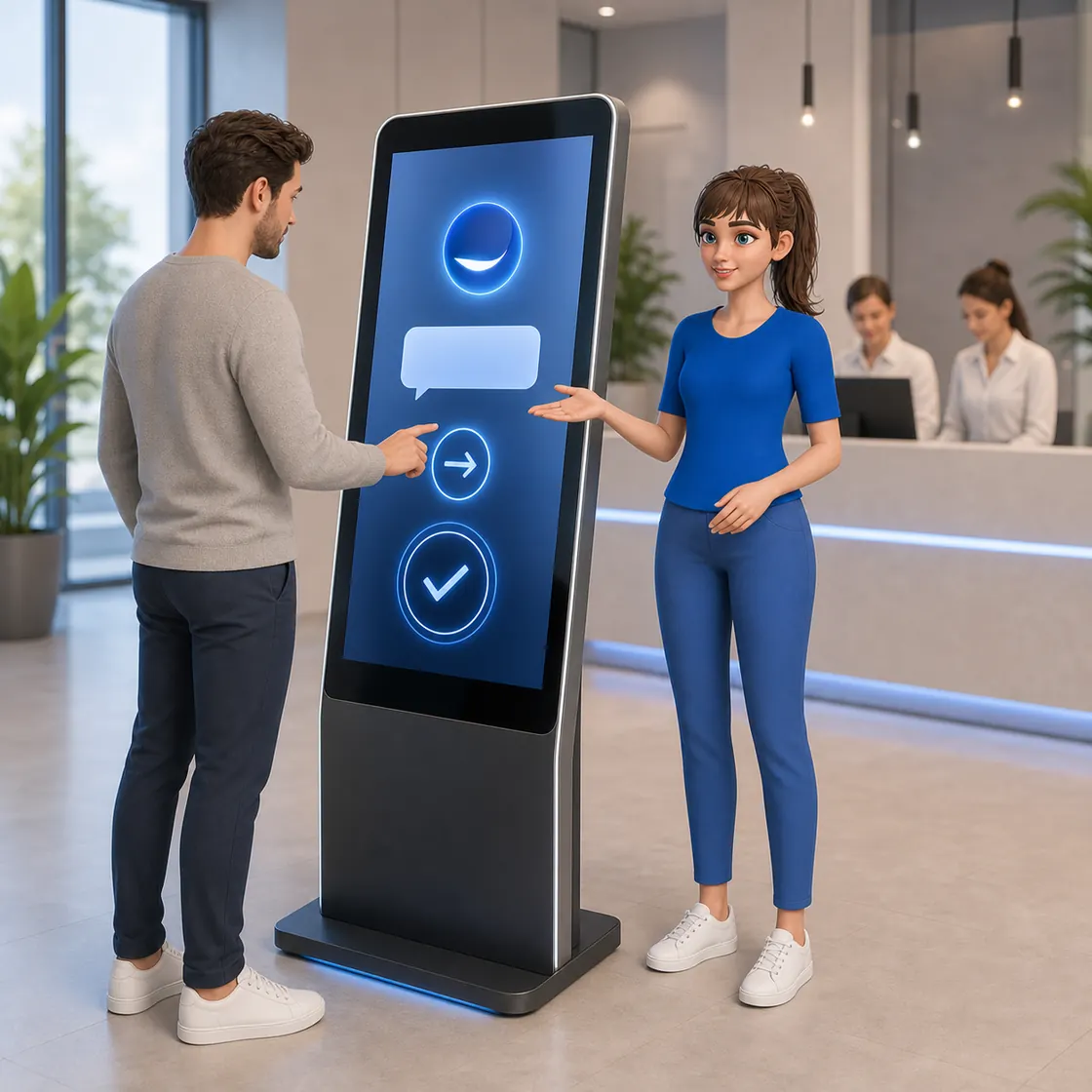 Cosmo, der KI-Assistent, begleitet einen Besucher am Empfangs-Kiosk im Foyer.